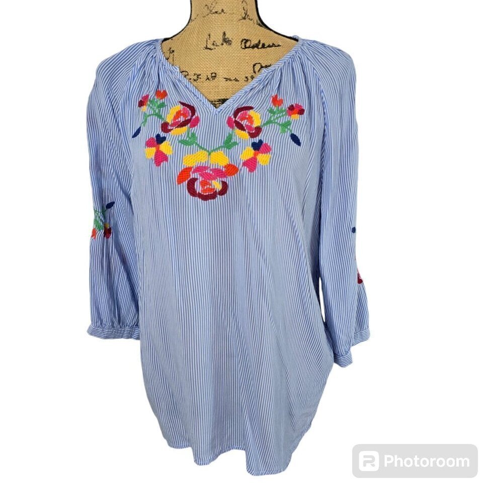 Artisan NY Blue Striped Flowy Colorful Floral Embroidery Boho Top - Picture 1 of 12